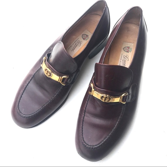Gucci Shoes - GUCCI Vintage gold logo brown leather loafers 41
